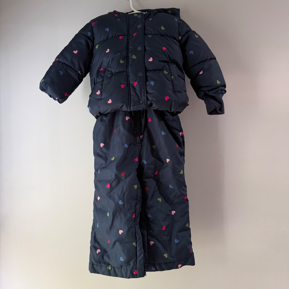 Baby Gap Snowsuit Set Toddler 2T Navy Heart Print Puffer Jacket & Bibs Excellent